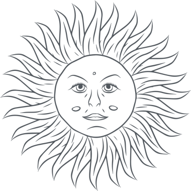 Featuring stylized sun face with flame tendrils and wavy rays in line art, transparent background. Minimalist, celestial, artistic, spiritual, cosmic, monochrome, symbolic