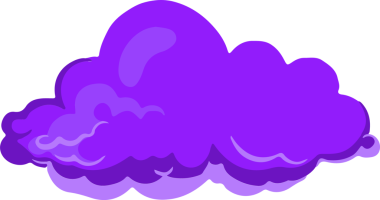 Cartoon-style purple cloud is floating in transparent background, showing gradient shading accents. Fantasy, whimsical, vibrant, graphic, minimalism, digital art, decor