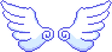 White and light blue pixel-art wings are floating over transparent backdrop showing retro sprite. Fantasy, digital art, minimalist, gaming, illustration, ethereal, whimsical