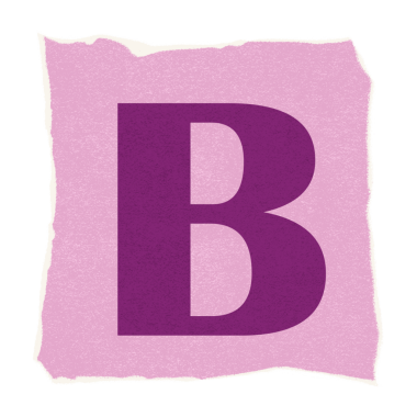Büyük harf B, yırtık pembe kağıt üzerinde yüzüyor, düz tasarım, şeffaf arkaplan. Tipografi, grafik tasarım, minimalizm, markalaşma, baskı, doku, modern