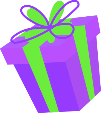 3D stilize edilmiş hediye kutusu yeşil kurdeleli, şeffaf arkaplanlı canlı mor renkte parlıyor. Kutlama, ambalaj, lüks, tasarım, şenlik, zarafet, geometrik