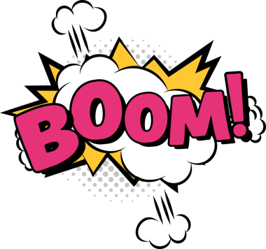 Düz çizgi roman patlaması açık bg 'de pembe BOOM, bulutlu puf, yıldız patlamaları, yarım tonlu noktalar ile patlıyor. Grafik tasarımı, çizgi roman sanatı, pop sanatı, canlı, enerjik, illüstrasyon, retro