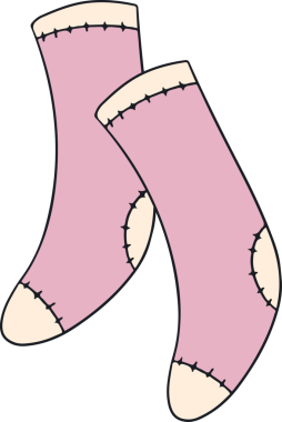 Çizgi film pastel pembe çoraplar şeffaf arka planda, krem bantlı, siyah dikişli. Oyuncu, kaprisli, minimalist, moda, illüstrasyon, aksesuarlar, canlı