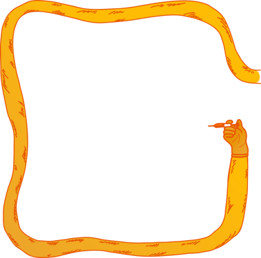 Karikatürist turuncu kol, şeffaf arka planda şırınga tutarak kare sınırında kıvrılıyor. İllüzyon, modern, tıbbi, sağlık hizmeti, yaratıcı, çizgi film, minimalist