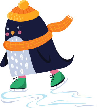 Çizgi film pengueni, turuncu şapkalı, eşarplı, yeşil patenli şeffaf arka planda buz pateni yapıyor. Kışlık, neşeli, kaprisli, tatil, boş zaman, açık hava, canlı