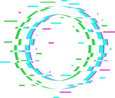 Düz tasarım beyaz halka şeffaf tuval üzerinde yüzüyor. Cyan magenta yeşili çizgileri gösteriyor. Fütürist, teknoloji, çarpıtma, dijital, soyut, enerjik, modern