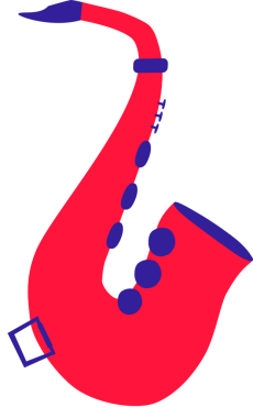 Düz minimalist saksafon kırmızı gövde ve mor detaylarla şeffaf arkaplanda yüzüyor. Müzik aleti, grafik tasarımı, modern illüstrasyon, müzik endüstrisi, dijital sanat, görsel kimlik, canlı renkler
