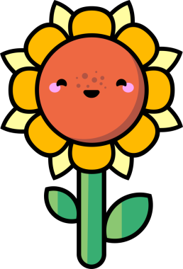 Neşeli düz dizayn ayçiçeği şeffaf arka planda gülümsüyor, çilleri ve yaprakları var. Vektör, illüstrasyon, neşeli, doğa, botanik, ikon, markalaşma