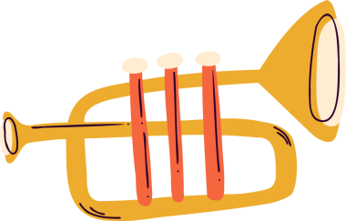 Çizgi film trompeti düz dizayn, turuncu zil ve kırmızı vanalar, şeffaf arkaplan içinde yüzüyor. Müzikal, illüstrasyon, canlı, eğlence, grafik, retro, sanatsal