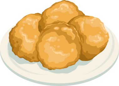 Beyaz tabak dolusu altın kroket şeffaf arka planda düz dizaynla gösteriliyor. Atıştırmalık, aperatif, fast food, konforlu mutfak, gurme, minimalist, enerjik