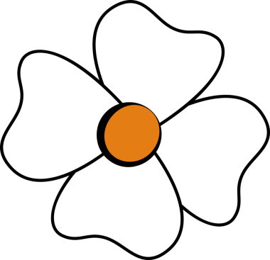 Şekil verilmiş beş yapraklı çiçek şeffaf arka planda, siyah çizgilerle, turuncu merkezde yüzüyor. Çiçek, botanik, simge, minimalist, grafik, tasarım, doğa