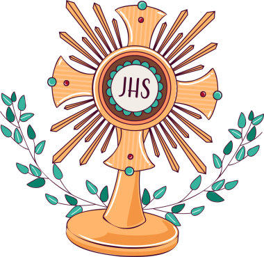 Şeffaf arkaplanda yüzen vektör monstransı, JHS konak sahibi ve yeşil yaprak filizlerini gösteriyor. Dini, ruhani, kutsal, ayin, bağlılık, ibadet, sembol