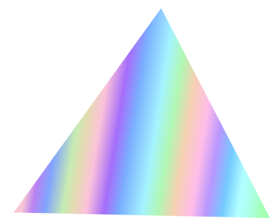 Düz üçgen, şeffaf arkaplanda süzülüyor. Pastel gökkuşağı dolgusunu ve beyaz kenarı gösteriyor. Geometrik, minimalizm, modern, renkli, tasarım, dijital, sanatsal