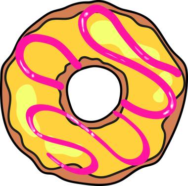 Çizgi film donutu düz dizayn içinde süzülüyor. Arkaplanda sarı krema ve pembe çiseleme var. Tatlı, pasta, vektör, illüstrasyon, aperatif, neşeli, canlı