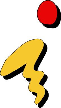 Düz tasarım, şeffaf arkaplanda sarı organik şekil üzerinde yüzen kırmızı daireye sahiptir. Minimalist, modern, geometrik, canlı, dijital, tasarım, sanat