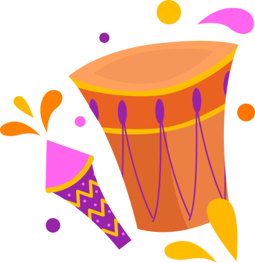 Düz tasarım, şeffaf arka planda turuncu davul ve parti konisi patlamasını gösteriyor. Canlı, kutlayıcı, dinamik, neşeli, renkli, soyut, şenlikli