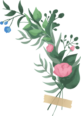 Boyanmış buket yapraklarla, pembe çiçeklerle, mavi böğürtlenlerle, temiz arkaplanda bant ile açılıyor. Çiçeksel, botanik, suluboya, doğa, organik, el yapımı, narin