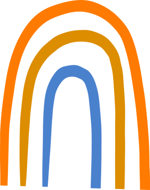 Soyut gökkuşağı kemerleri şeffaf katman üzerinde turuncu, hardal ve maviyle düz dizaynla yüzüyor. Geometrik, modern, canlı, minimalist, tasarım, markalaşma, dijital