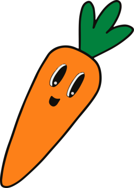 Çizgi film havucu şeffaf arka planda gülümsüyor, yaprak kapaklı ve gözlü düz tasarımı gösteriyor. Karakter, illüstrasyon, ikon, maskot, oyuncu, enerjik, sağlıklı