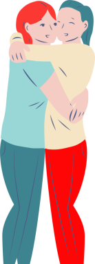 Çift düz vektör illüstrasyonunda kucaklaşıyor. Kırmızı-yeşil kıyafetler, şeffaf arka plan. Romantizm, bağlantı, yakınlık, şefkat, minimalizm, modern sanat, duygusal