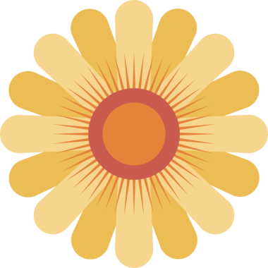 Portakal merkezini gösteren düz sanat eserlerinde güneş çiçeği, şeffaf tuvalde sarı yapraklar. Soyut, geometrik, canlı, modern, minimalist, simetri, illüstrasyon