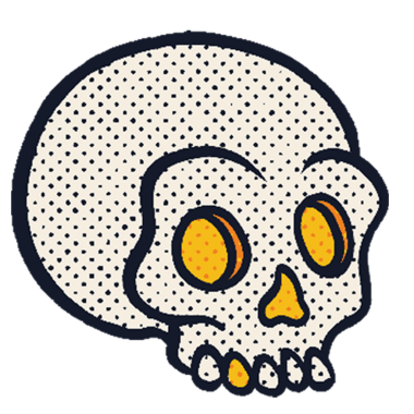 Düz tasarım kafatası yarım ton gölgeleme ve parlak turuncu boşluklar içeriyor, şeffaf arkaplan. Vektör sanatı, grafik tasarımı, pop sanatı, dijital illüstrasyon, simge, minimalizm, cadılar bayramı