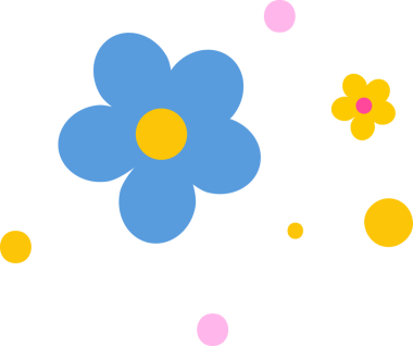 Düz dizayn mavi ve sarı çiçekleri, açık arkaplanda pembe ve sarı noktaları gösteriyor. Botanik, dekoratif, minimalist, canlı, çiçekli tasarım, grafik sanatı, desen