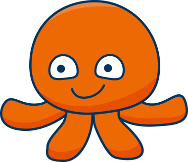 Düz stil ahtapot karakteri parlak turuncu uzuvlarıyla şeffaf arka planda süzülüyor. Tuhaf, deniz, su, oyuncu, canlı, karakter tasarımı, illüstrasyon