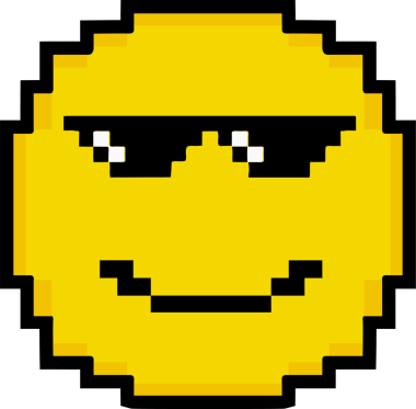 Pikselleştirilmiş gülen surat, şeffaf arkaplanda sarı pikselli güneş gözlüğü takıyor. Emoji, dijital sanat, minimalist, oyuncu, canlı, simge, grafik tasarımı