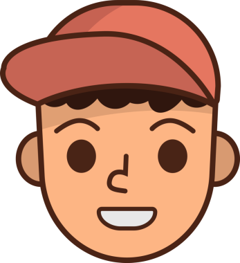 Kırmızı beysbol şapkası takan gülümseyen çizgi film yüzü şeffaf arka planda düz dizayn ediliyor. Vektör, karikatür, asgari, oyuncu, neşeli, karakter, illüstrasyon