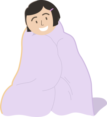 Düz dizaynlı çizgi film çocuğu büyük lavanta battaniyesine sarılıp şeffaf arka plana sarmalanıyor. Rahatlık, rahatlık, sıcaklık, rahatlama, masumiyet, yumuşaklık, rahatlık.