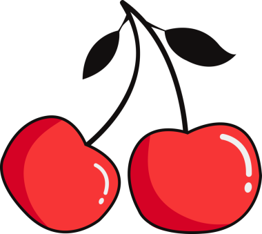 Siyah saplarından sarkan şeffaf arka planda yaprakları olan bir çift kiraz. Meyve, ikon, vektör, illüstrasyon, tazelik, sağlıklı, minimalist