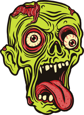 Çizgi roman zombisi kafası, açık beyin şişmiş gözler, şeffaf arka planda dil, kopyalama uzayı gösteriyor. Korku, dehşet, grotesk, grafik, karanlık, fantezi, illüstrasyon