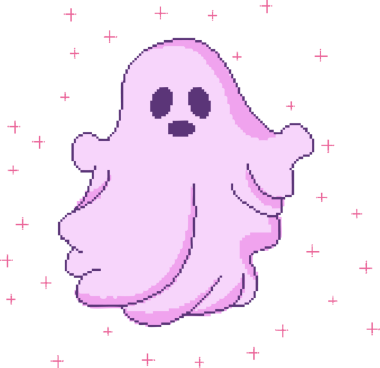 Pembe pikselli sanat hayaleti şeffaf dijital uzayda süzülüyor, mor ve parıltılı. Fantezi, kapris, retro, canlı, oyuncu, gerçeküstü, mistik