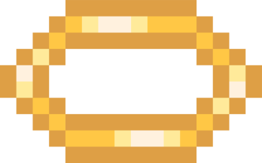Pikseldeki altın oval yüzük, kemer tokası şeklinde şeffaf arka planda yüzüyor. Pixelart, soyut, geometrik, dijital, gelecekçi, minimalist, dekoratif