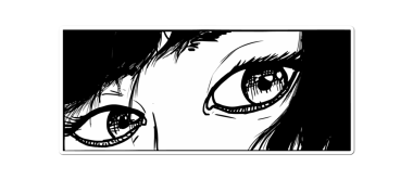 Şeffaf arka planda saç telleriyle çerçevelenmiş kadın gözleri olan stilize edilmiş manga illüstrasyonu. Portre, monokrom, mürekkep çizimi, grafik sanat, karakter tasarımı, duygu, iç gözlem