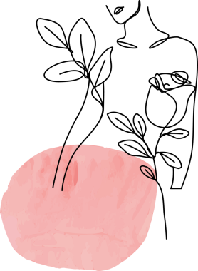 Düz çizgi kadın formu, pembe yıkama ve şeffaf arkaplan üzerindeki gül sapları ve yapraklar ile doludur. Minimalist, zarif, güzel, kadınsı, çiçekli, narin, sanatsal