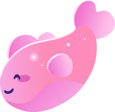 Pink creature is swimming in gradient showing closed blushing eye heart fins transparent background. Fantasy, whimsical, playful, pastel, minimalistic, mascot, character