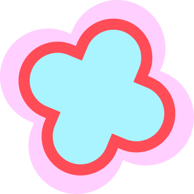 Düz tasarım pastel yonca, şeffaf arkaplanda kırmızı ve pembe kenarlı mavi çekirdek gösteriyor. Minimalist, geometrik, organik, canlı, çok yönlü, dekoratif, dijital sanat