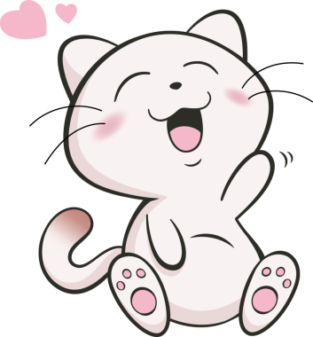 Beyaz çizgi film kedisi düz dizaynlı, yüzen pembe kalpli, şeffaf arka planda patisini sallıyor. Çizgi film kedisi, neşeli karakter, neşeli ifade, aşk sembolleri, dijital illüstrasyon, sevimli maskot, kaprisli tarz.