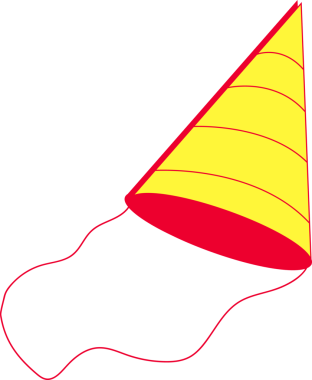 Düz tasarım parti şapkası, sarı paneller ve kırmızı dalgalı tellerle şeffaf arka planda yüzüyor. Kutlama, şenlik, aksesuar, şenlik, canlı, kaprisli, neşeli