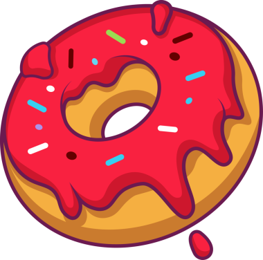 Düz tasarım, damlayan kırmızı jöleli, serpiştirilmiş, şeffaf, kopyalama alanı olan stilize bir donut içeriyor. Tatlı, pasta, şekerleme, tatlı, atıştırmalık, çizgi film, canlı