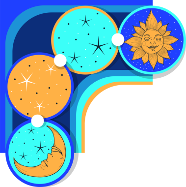 Düz illüstrasyon, şeffaf arkaplanda bant ve düğümlerle birbirine bağlı göksel simgeleri gösteriyor. Kozmik, soyut, enerjik, mistik, göksel, geleceksel, şablon