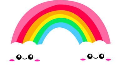 Flat design rainbow is connecting two smiling clouds floating on clear background with seven colors. Whimsical, joyful, vibrant, cartoon, playful, minimalistic, cheerful
