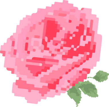 Piksel sanat gülü şeffaf arka planda pembe piksel yapraklar ve yeşil yapraklarla yüzüyor. Piksel, çiçek, dijital, sanat, grafik, canlı, modern