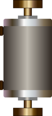 Silindirik metal parçası, gri-bronz eğimli ve pirinç şaftlı şeffaf arkaplan. Mekanik, endüstriyel, mühendislik, teknoloji, modern, parlak, hassasiyet