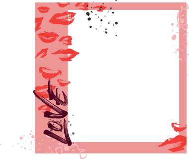 Pembe çerçeveli, kırmızı rujlu öpücükler, siyah-pembe lekeler ve şeffaf bg harfleri olan aşk mektupları. Çiçekli, romantik, modern, minimal, kadınsı, sanatsal, grafik