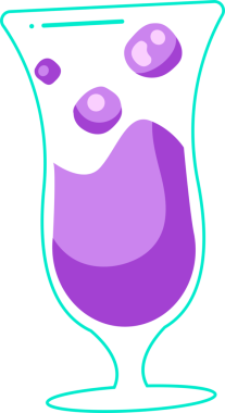 Vektör turkuaz çizgili mor sıvılı lale camı, şeffaf arkaplanda kabarcıklar gösteriyor. Soyut, içecek, modern, grafik tasarım, sanat, ferahlatıcı, estetik