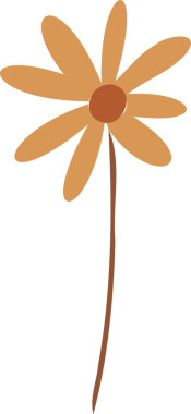 Şekillendirilmiş turuncu papatya çiçeği şeffaf arka planda yüzüyor, düz grafik tarzını sergiliyor. Flora, botanik, vektör sanatı, minimalizm, doğa, dekorasyon, illüstrasyon