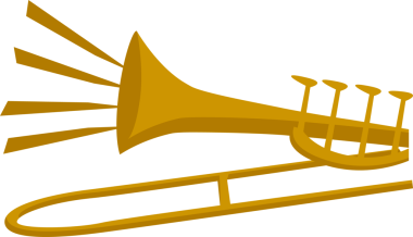 Düz tasarım pirinç kapakçık trombonu kaydırak kapakları gösteriyor, şeffaf arka planda yanıp sönen çan. Müzik aleti, pirinç, vintage, performans, orkestra, monokrom, minimalist